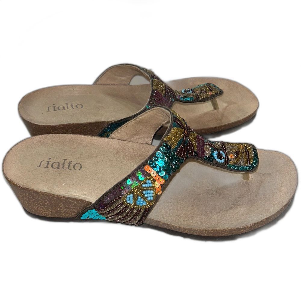 Rialto Crista Women’s Leather Beaded Sequined Thong Sandals size 8 Comfort